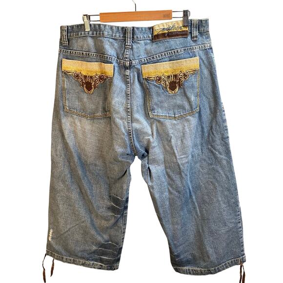 Y2k Miskeen Denim Baggy Jean Shorts Embroidered Pockets‎ Men Size 40 Streetwear - Picture 1 of 12